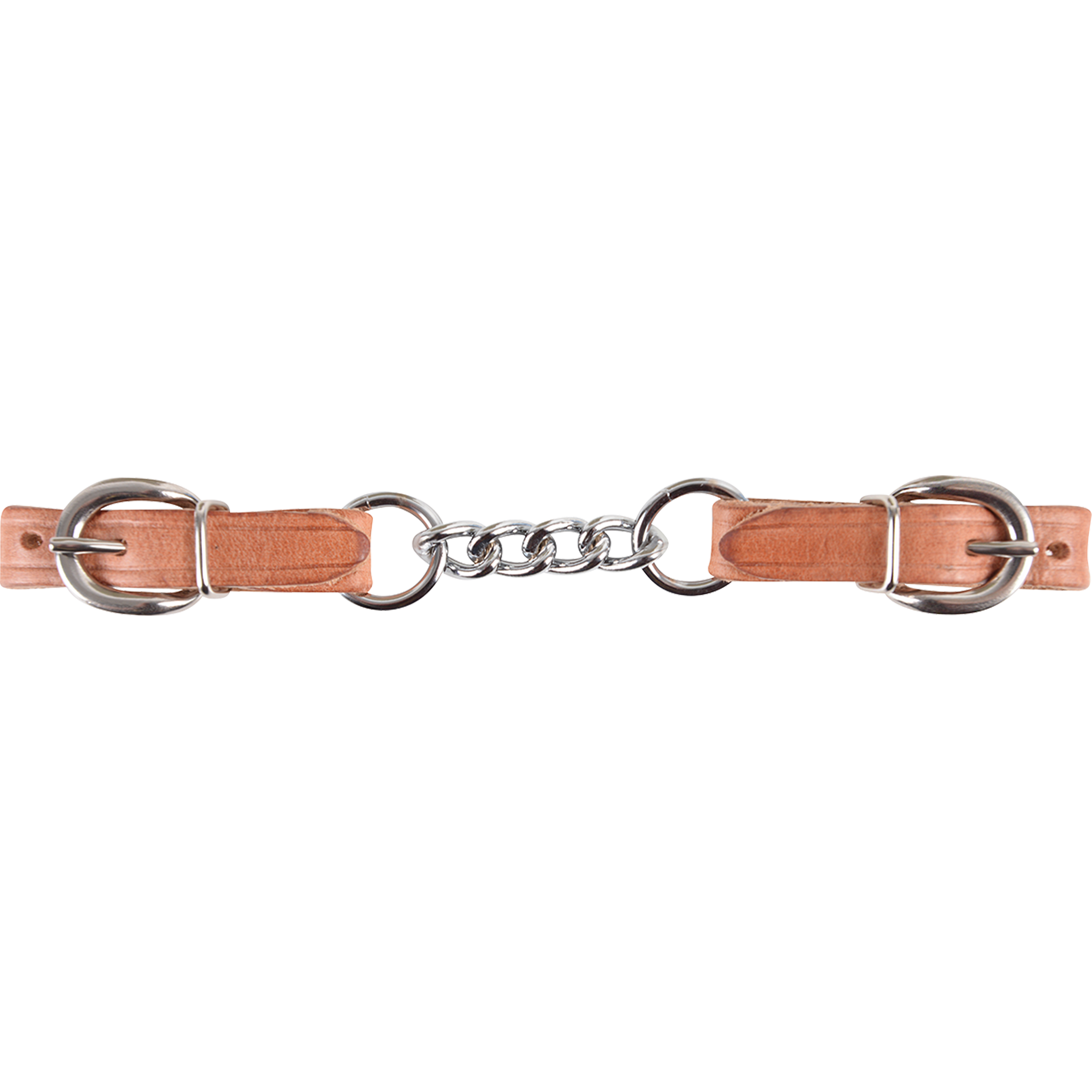 4-link harness curb chain laid out straight. Stainless steel chain links join two harness leather ends with buckles, made for bits with a smaller purchase.