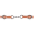 4-link harness curb chain laid out straight. Stainless steel chain links join two harness leather ends with buckles, made for bits with a smaller purchase.