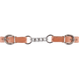 4-link harness curb chain laid out straight. Stainless steel chain links join two harness leather ends with buckles, made for bits with a smaller purchase.