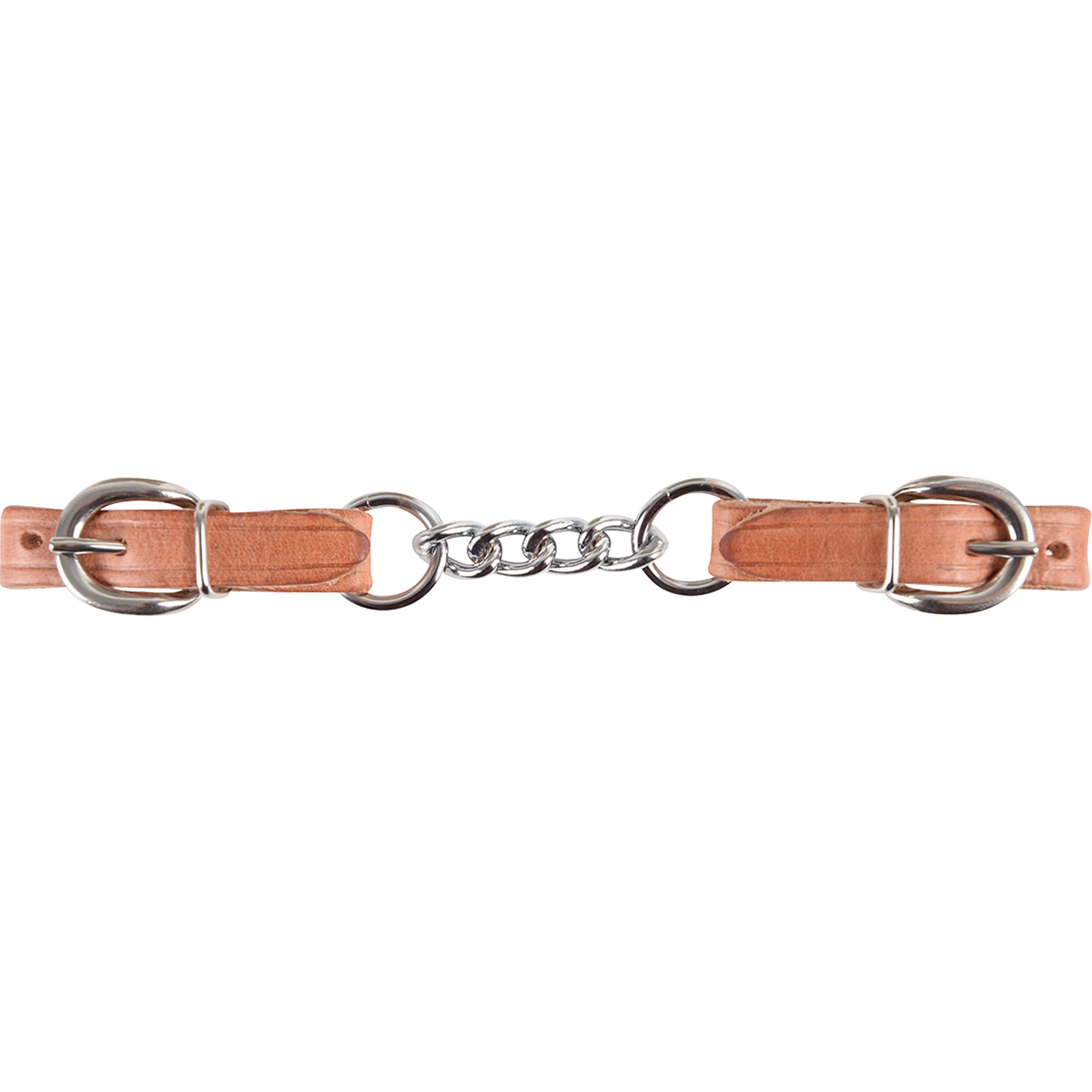 4-link harness curb chain laid out straight. Stainless steel chain links join two harness leather ends with buckles, made for bits with a smaller purchase.