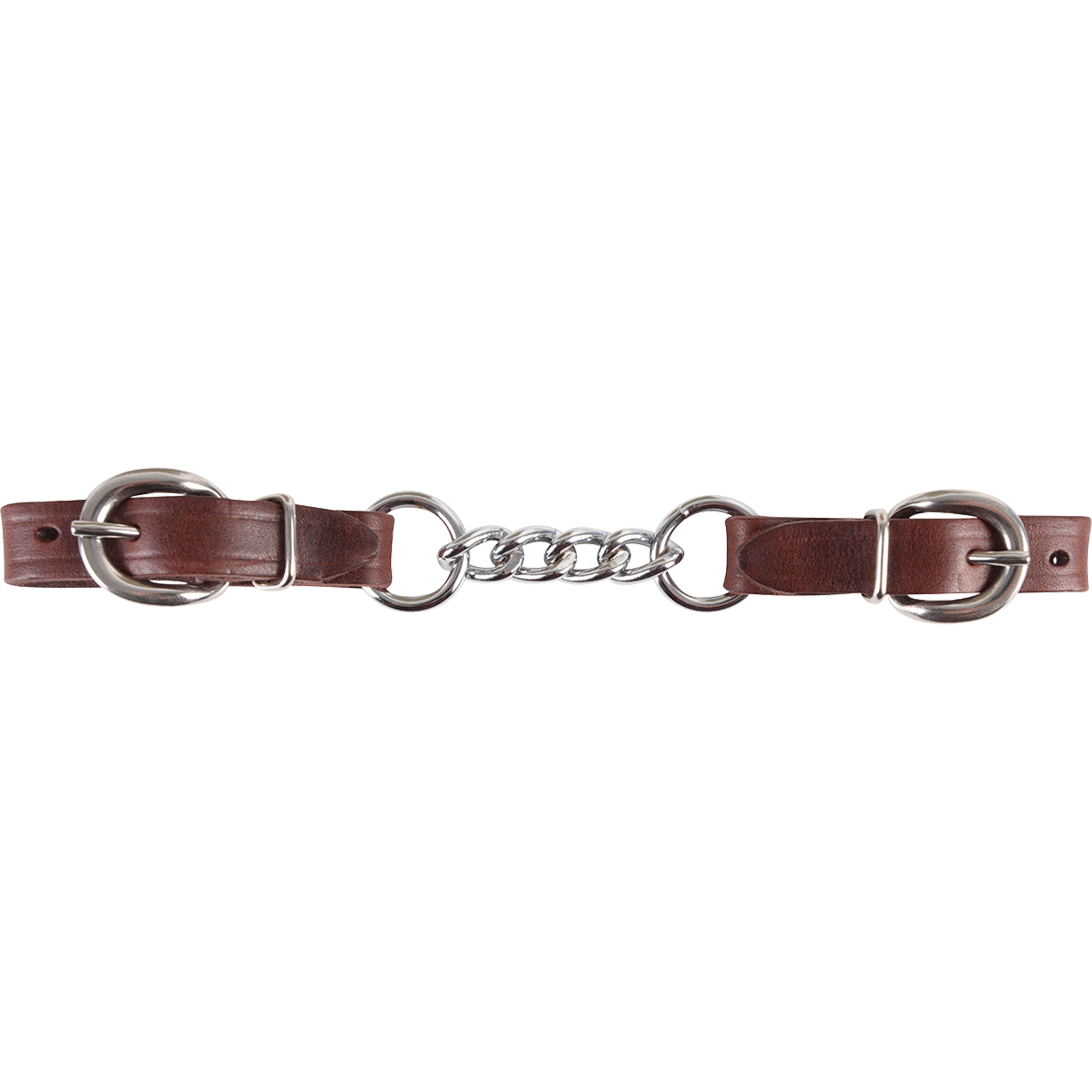 4-link latigo curb chain laid out straight. Stainless steel chain links join two dark latigo leather ends with buckles.