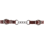 4-link latigo curb chain laid out straight. Stainless steel chain links join two dark latigo leather ends with buckles.
