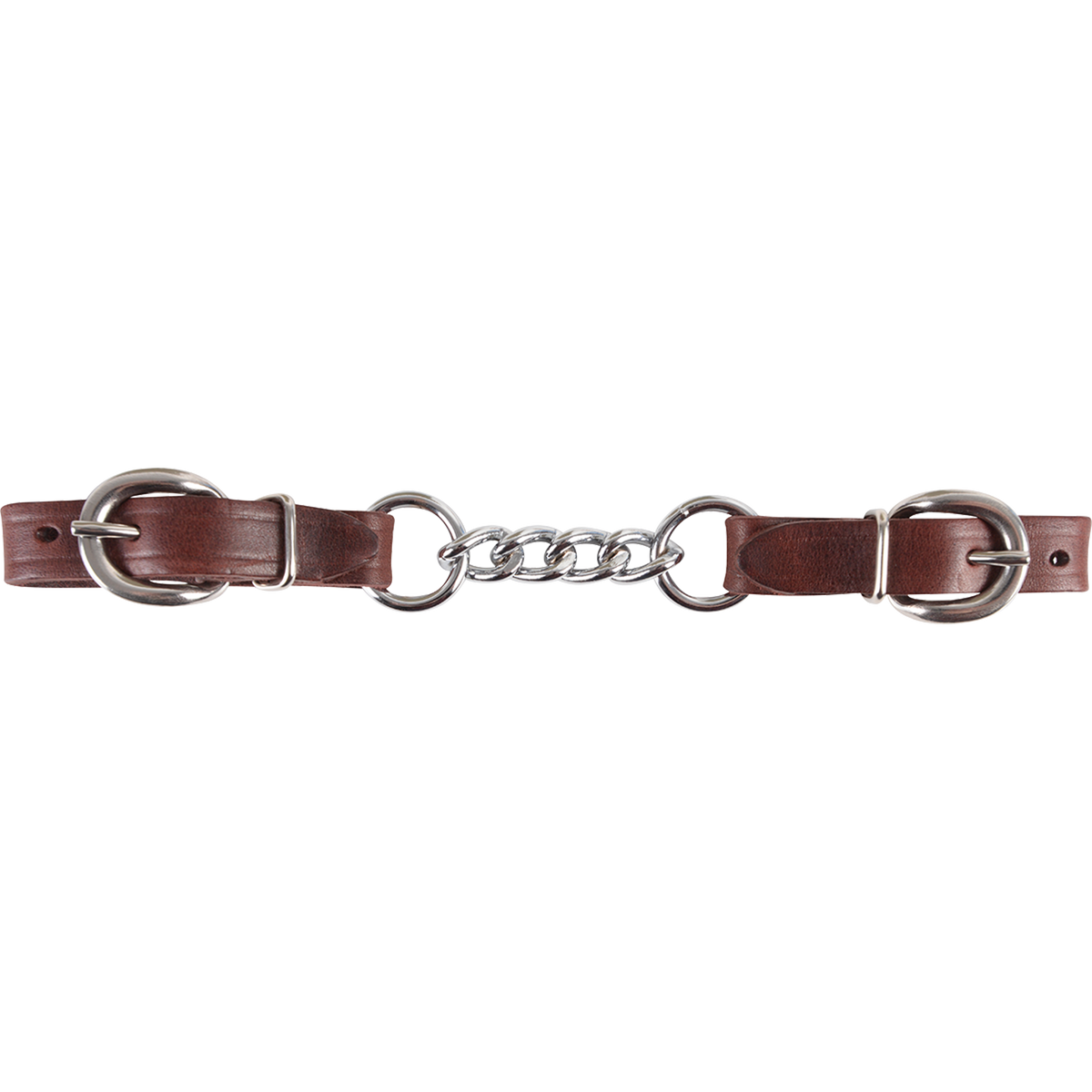4-link latigo curb chain laid out straight. Stainless steel chain links join two dark latigo leather ends with buckles.