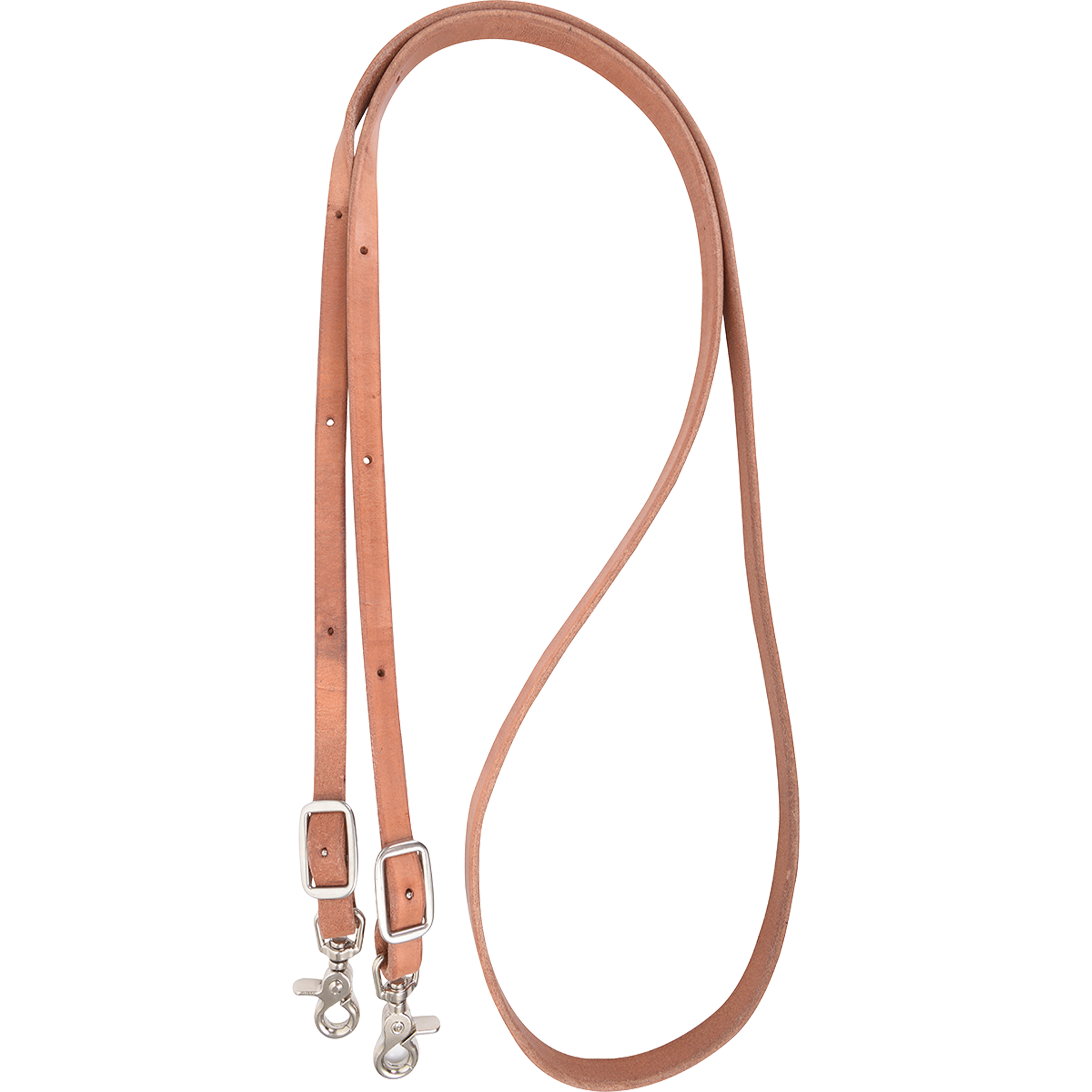 Natural harness leather roping rein from Martin Saddlery, looped and seen from above. The 5/8-inch rein adjusts with buckles and ends in snaps.