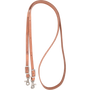 Natural harness leather roping rein from Martin Saddlery, looped and seen from above. The 5/8-inch rein adjusts with buckles and ends in snaps.