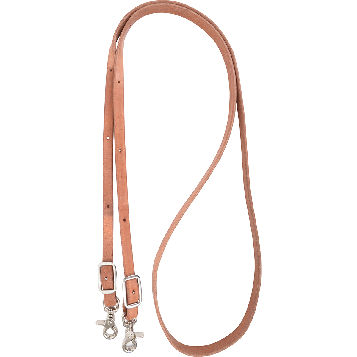 Natural harness leather roping rein from Martin Saddlery, looped and seen from above. The 5/8-inch rein adjusts with buckles and ends in snaps.
