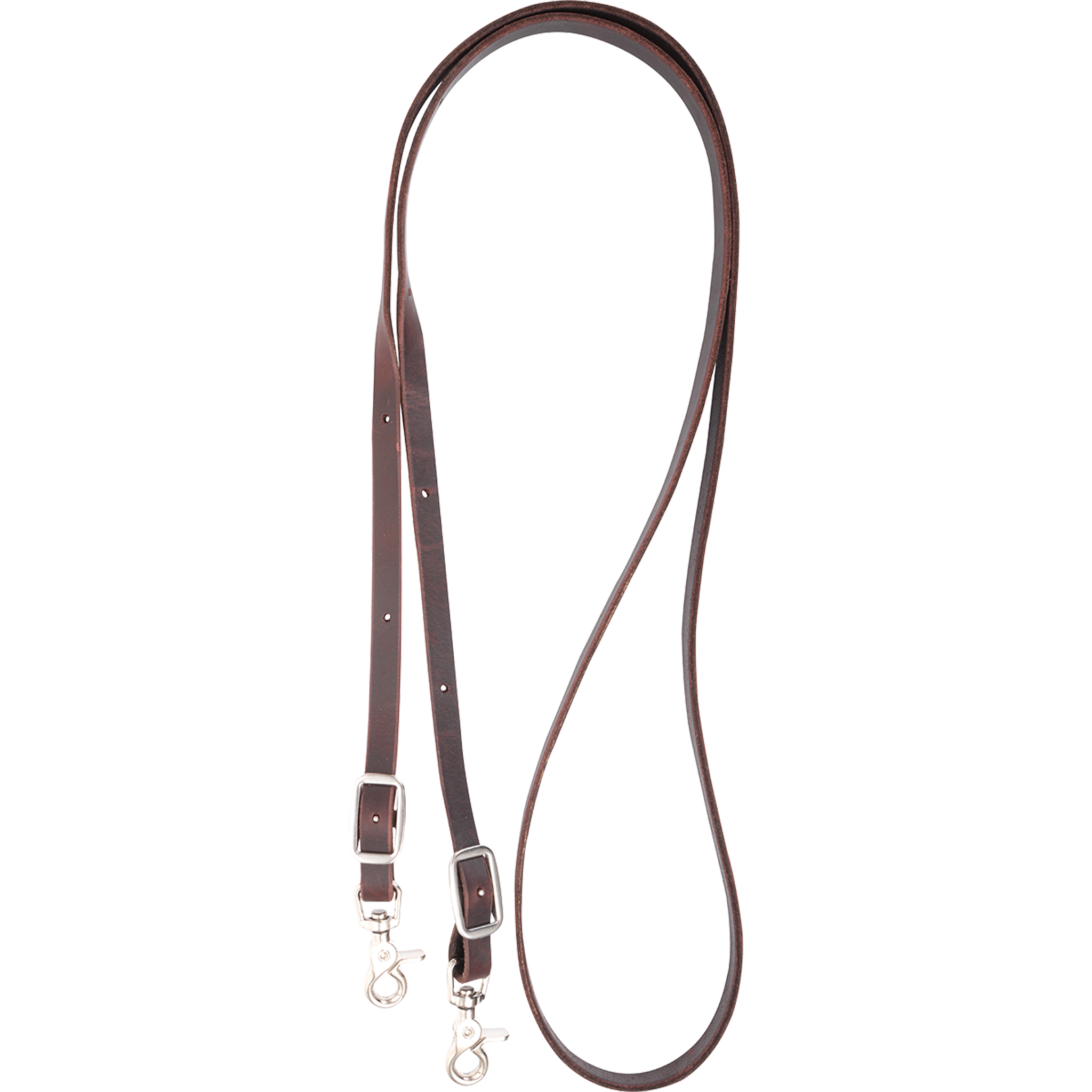 5/8-inch latigo roping rein from Martin Saddlery, looped and seen from above. The dark latigo leather rein has buckles for adjustment and a snap at each end.