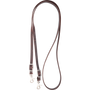 5/8-inch latigo roping rein from Martin Saddlery, looped and seen from above. The dark latigo leather rein has buckles for adjustment and a snap at each end.