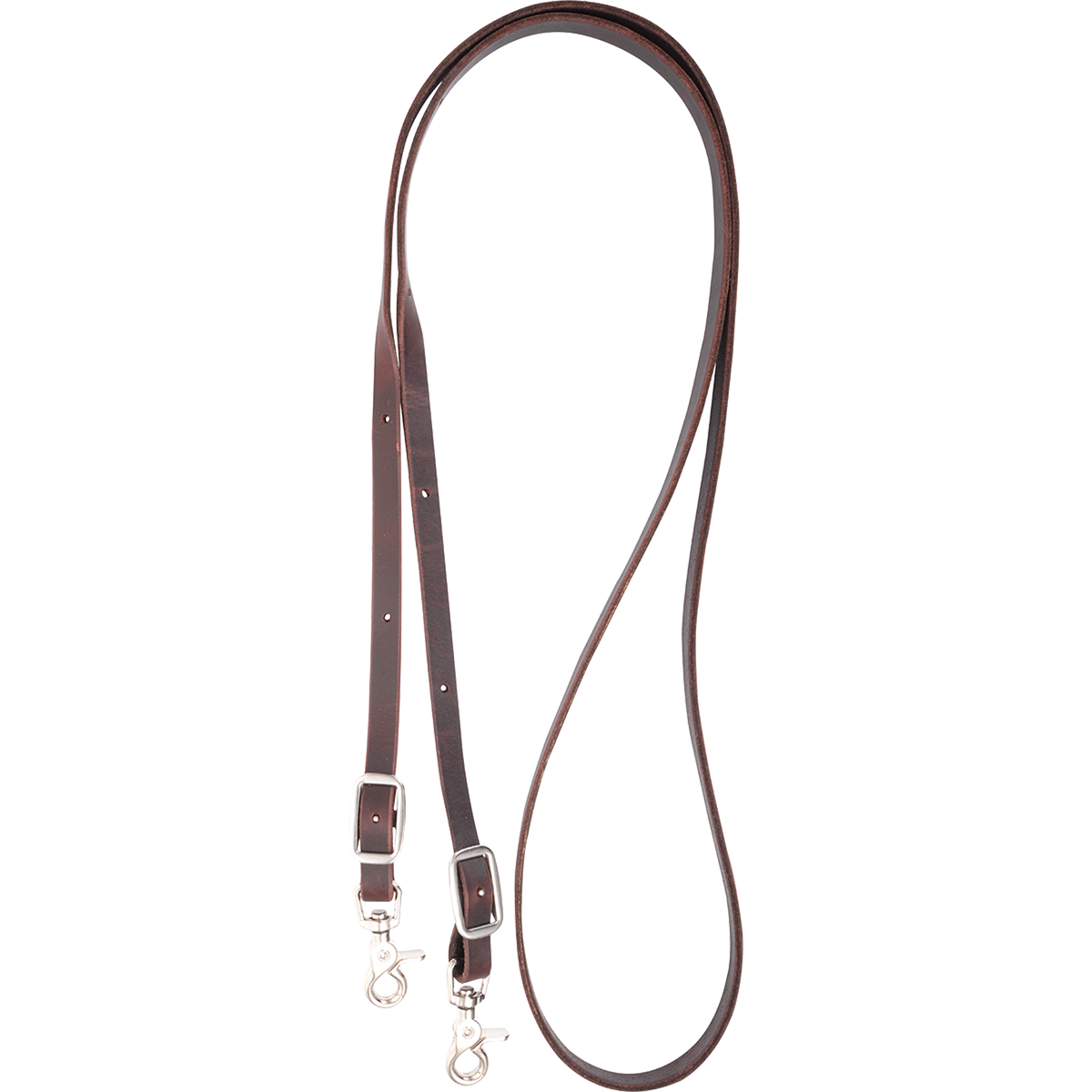 5/8-inch latigo roping rein from Martin Saddlery, looped and seen from above. The dark latigo leather rein has buckles for adjustment and a snap at each end.