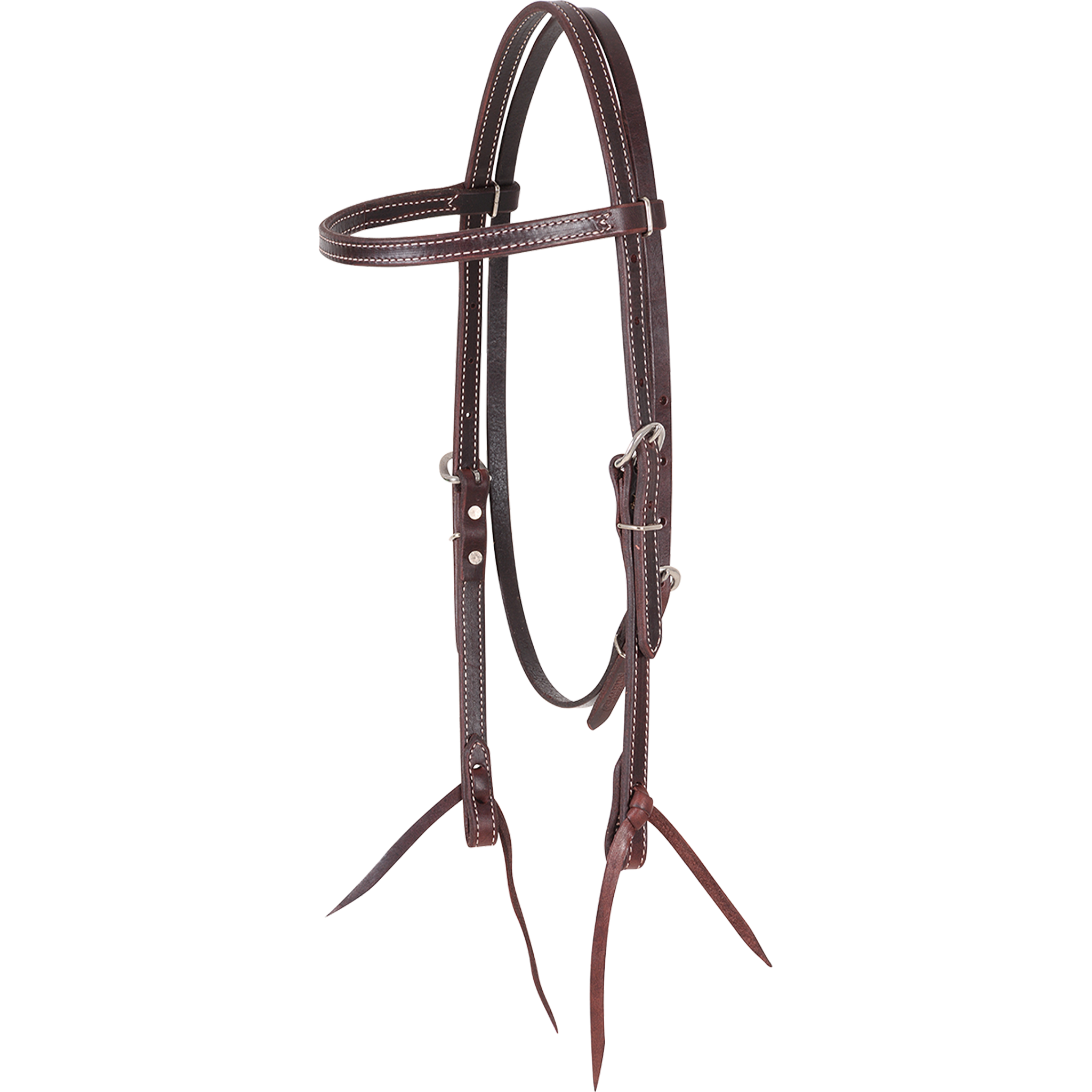 Double-stitched latigo browband headstall from Martin Saddlery, seen from the front quarter. The dark 5/8-inch latigo leather is doubled and stitched, with stainless steel buckles and bit ties.