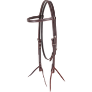 Double-stitched latigo browband headstall from Martin Saddlery, seen from the front quarter. The dark 5/8-inch latigo leather is doubled and stitched, with stainless steel buckles and bit ties.