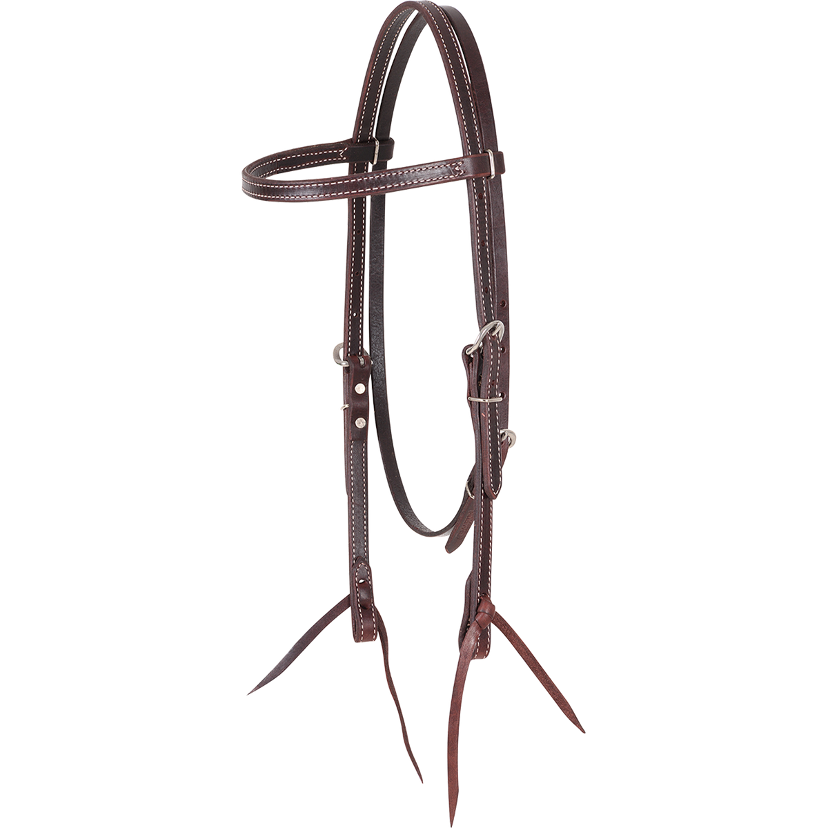 Double-stitched latigo browband headstall from Martin Saddlery, seen from the front quarter. The dark 5/8-inch latigo leather is doubled and stitched, with stainless steel buckles and bit ties.