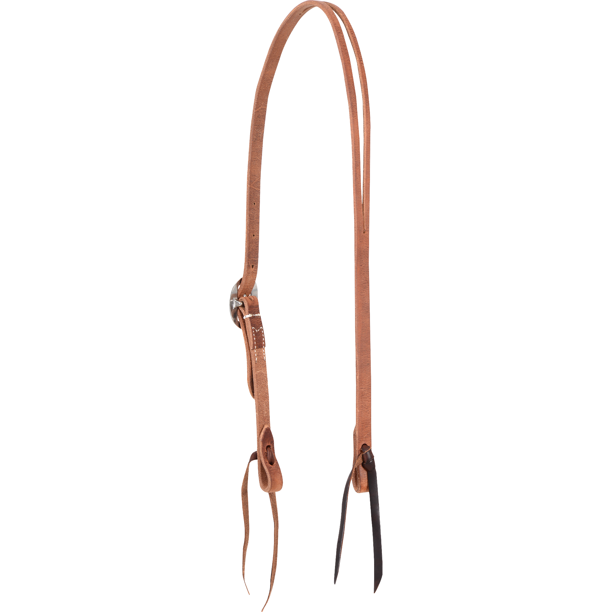 Martin Saddlery 5/8-inch split ear headstall in natural harness leather, seen from the off side. A stainless steel cart buckle adjusts the length, and leather bit ties finish both cheek ends.