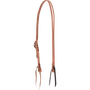 Martin Saddlery 5/8-inch split ear headstall in natural harness leather, seen from the off side. A stainless steel cart buckle adjusts the length, and leather bit ties finish both cheek ends.