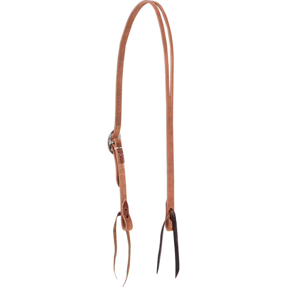 Martin Saddlery 5/8-inch split ear headstall in natural harness leather, seen from the off side. A stainless steel cart buckle adjusts the length, and leather bit ties finish both cheek ends.