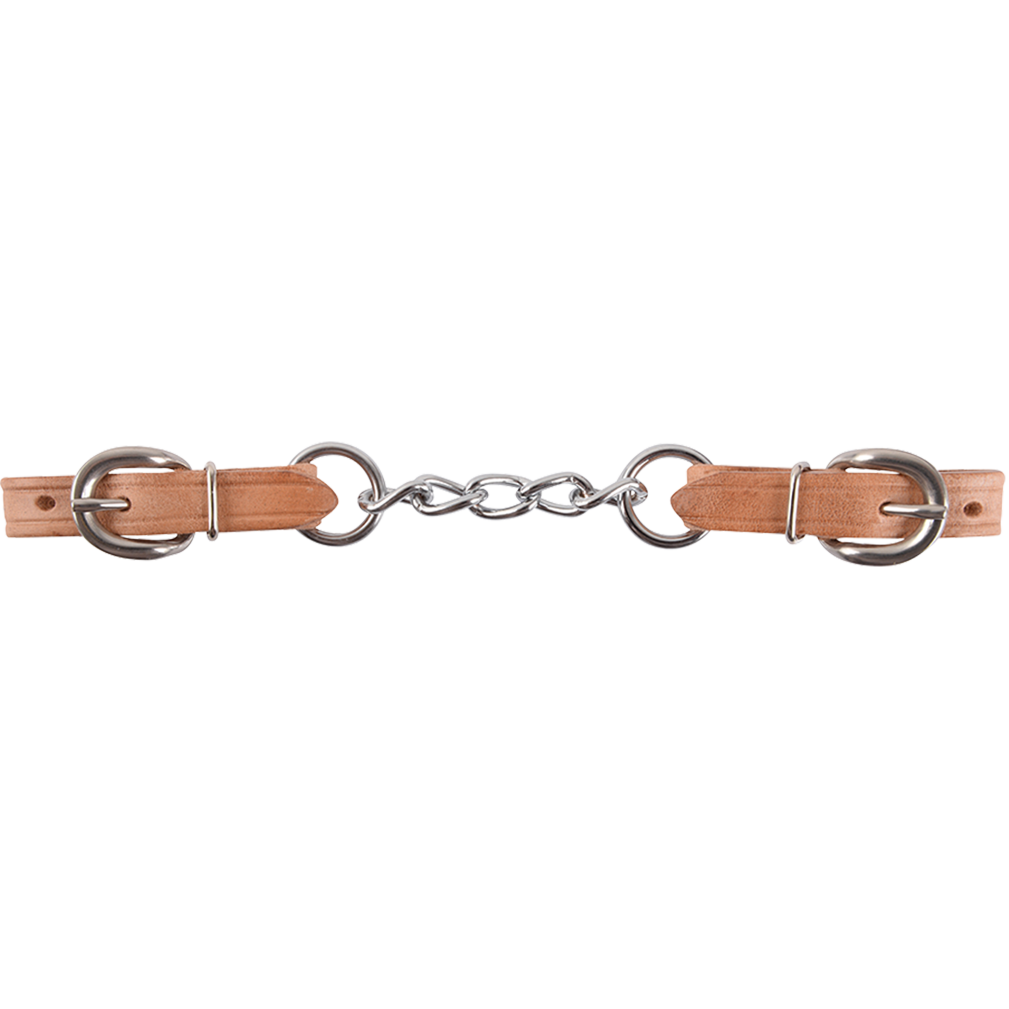 5-link harness curb chain laid out straight. Stainless steel chain links sit between two harness leather ends, each with a buckle for adjustment.