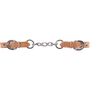 5-link harness curb chain laid out straight. Stainless steel chain links sit between two harness leather ends, each with a buckle for adjustment.