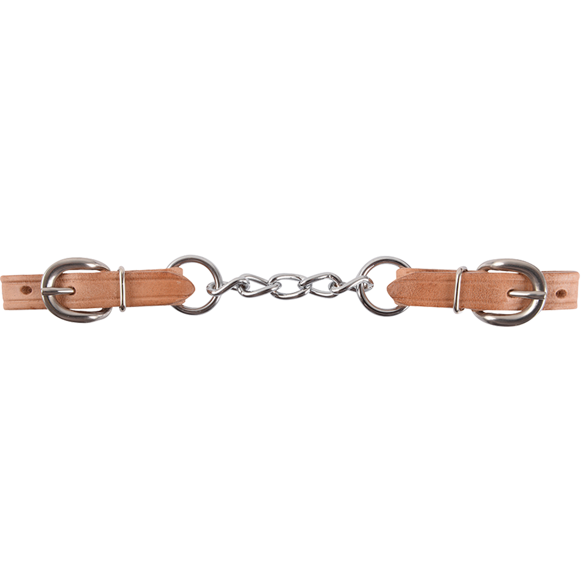 5-link harness curb chain laid out straight. Stainless steel chain links sit between two harness leather ends, each with a buckle for adjustment.
