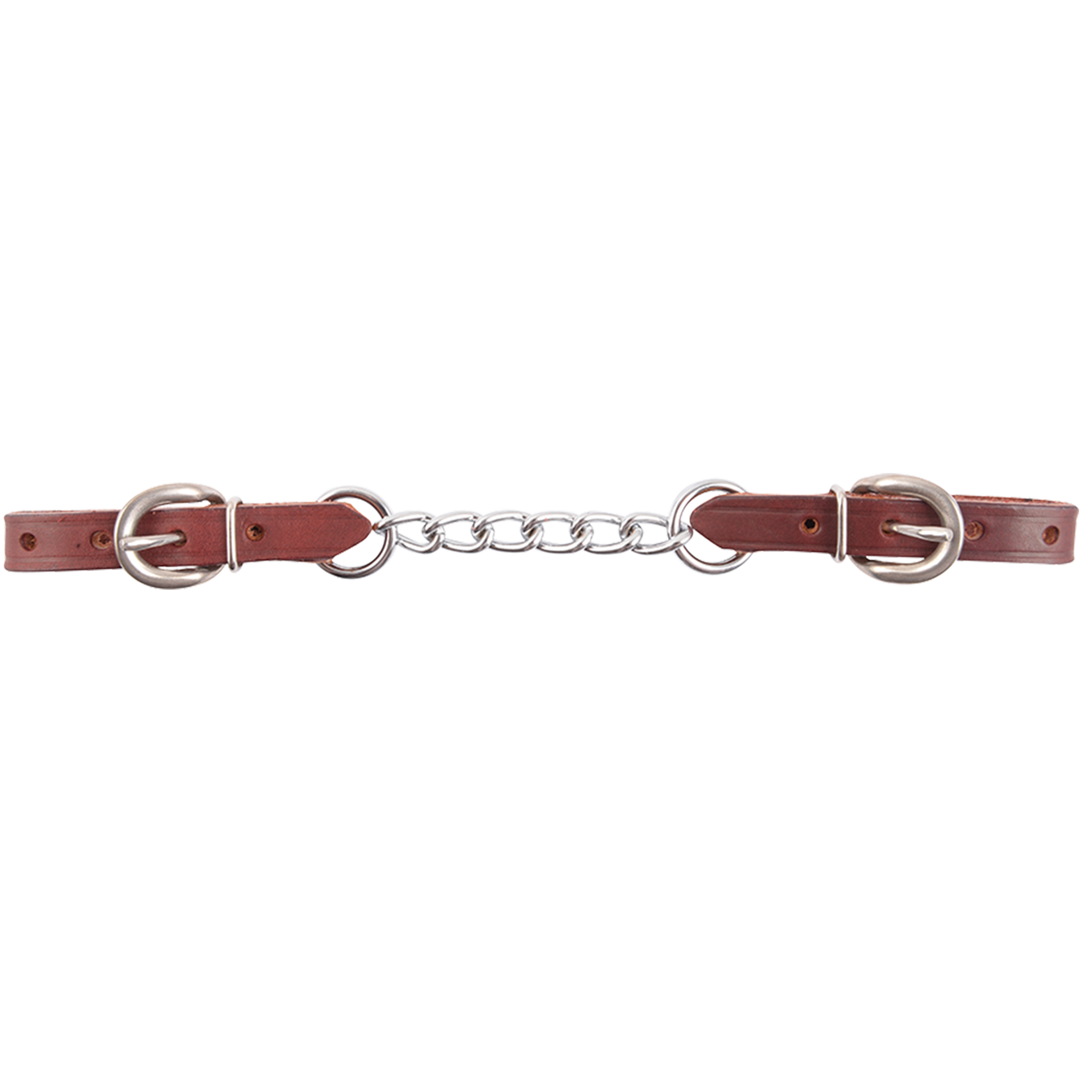 5-link latigo curb chain laid out straight. Stainless steel chain links join two reddish latigo leather ends, each with a buckle for adjustment.