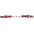 5-link latigo curb chain laid out straight. Stainless steel chain links join two reddish latigo leather ends, each with a buckle for adjustment.