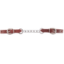 5-link latigo curb chain laid out straight. Stainless steel chain links join two reddish latigo leather ends, each with a buckle for adjustment.
