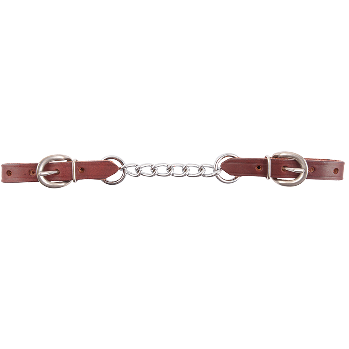 5-link latigo curb chain laid out straight. Stainless steel chain links join two reddish latigo leather ends, each with a buckle for adjustment.