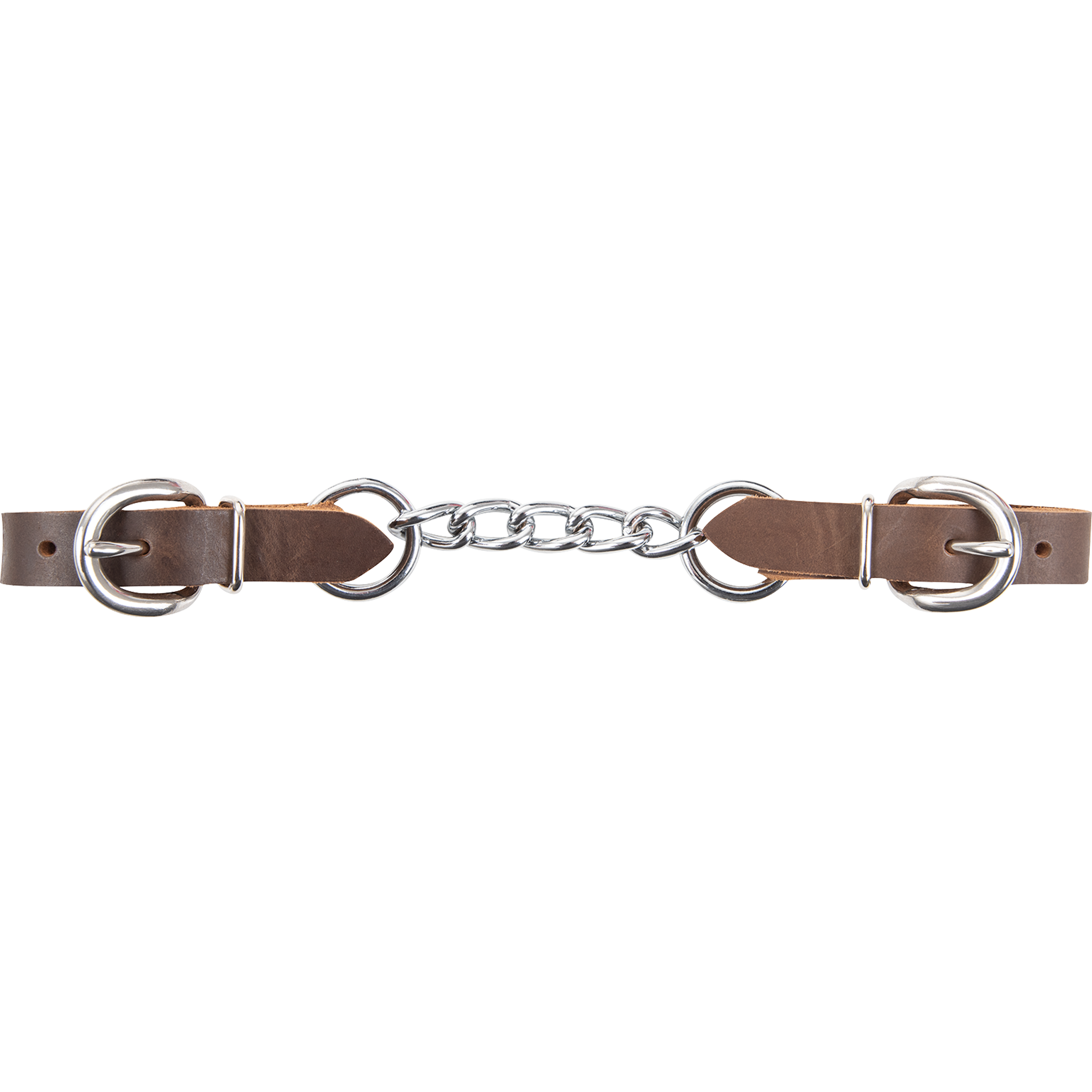 5-link Retan leather curb chain laid out straight. Stainless steel links run between two brown Retan leather ends with buckles.
