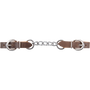 5-link Retan leather curb chain laid out straight. Stainless steel links run between two brown Retan leather ends with buckles.