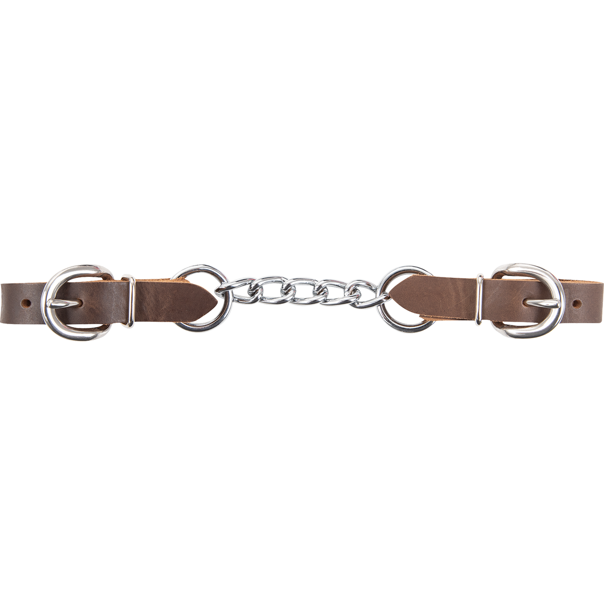 5-link Retan leather curb chain laid out straight. Stainless steel links run between two brown Retan leather ends with buckles.