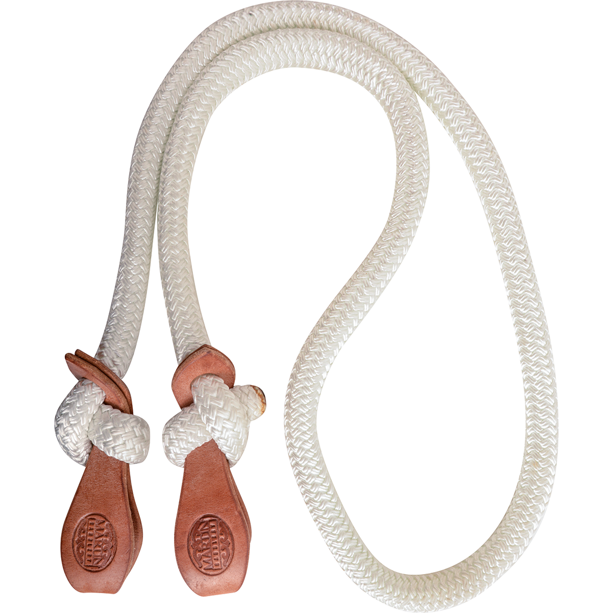 White nylon loping rein from Martin Saddlery, coiled and seen from above. The braided 7-foot rein is knotted at each end to a stamped leather tab.