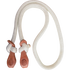 White nylon loping rein from Martin Saddlery, coiled and seen from above. The braided 7-foot rein is knotted at each end to a stamped leather tab.