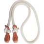 White nylon loping rein from Martin Saddlery, coiled and seen from above. The braided 7-foot rein is knotted at each end to a stamped leather tab.
