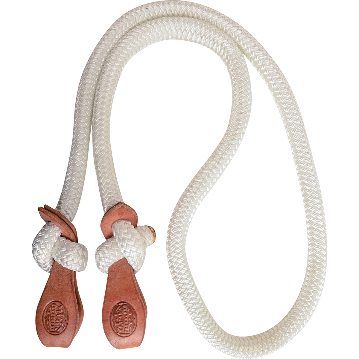 White nylon loping rein from Martin Saddlery, coiled and seen from above. The braided 7-foot rein is knotted at each end to a stamped leather tab.
