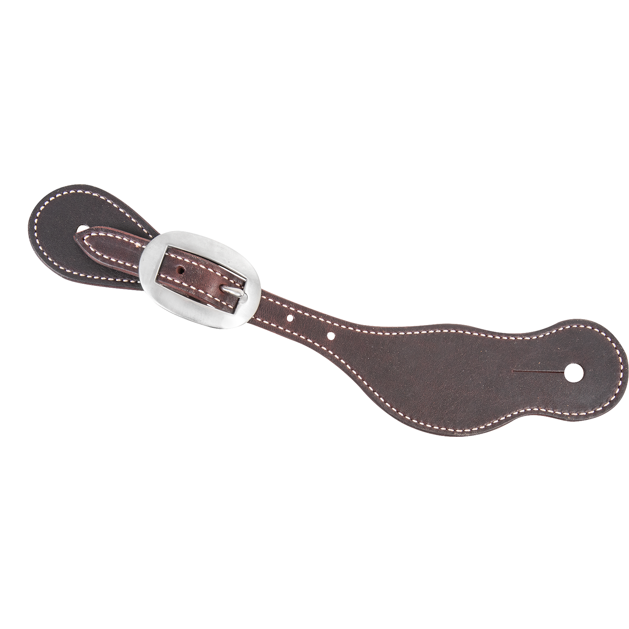 Alpine latigo spur strap with stitching, seen from above. White stitching follows the edge of the dark leather, which fastens with a buckle near the narrow end.