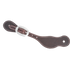 Alpine latigo spur strap with stitching, seen from above. White stitching follows the edge of the dark leather, which fastens with a buckle near the narrow end.