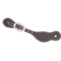 Alpine latigo spur strap with stitching, seen from above. White stitching follows the edge of the dark leather, which fastens with a buckle near the narrow end.