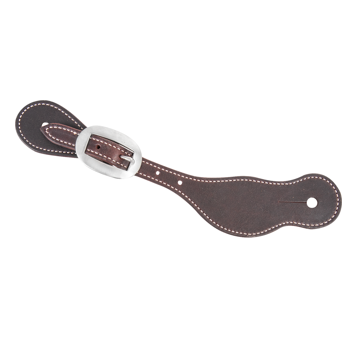 Alpine latigo spur strap with stitching, seen from above. White stitching follows the edge of the dark leather, which fastens with a buckle near the narrow end.