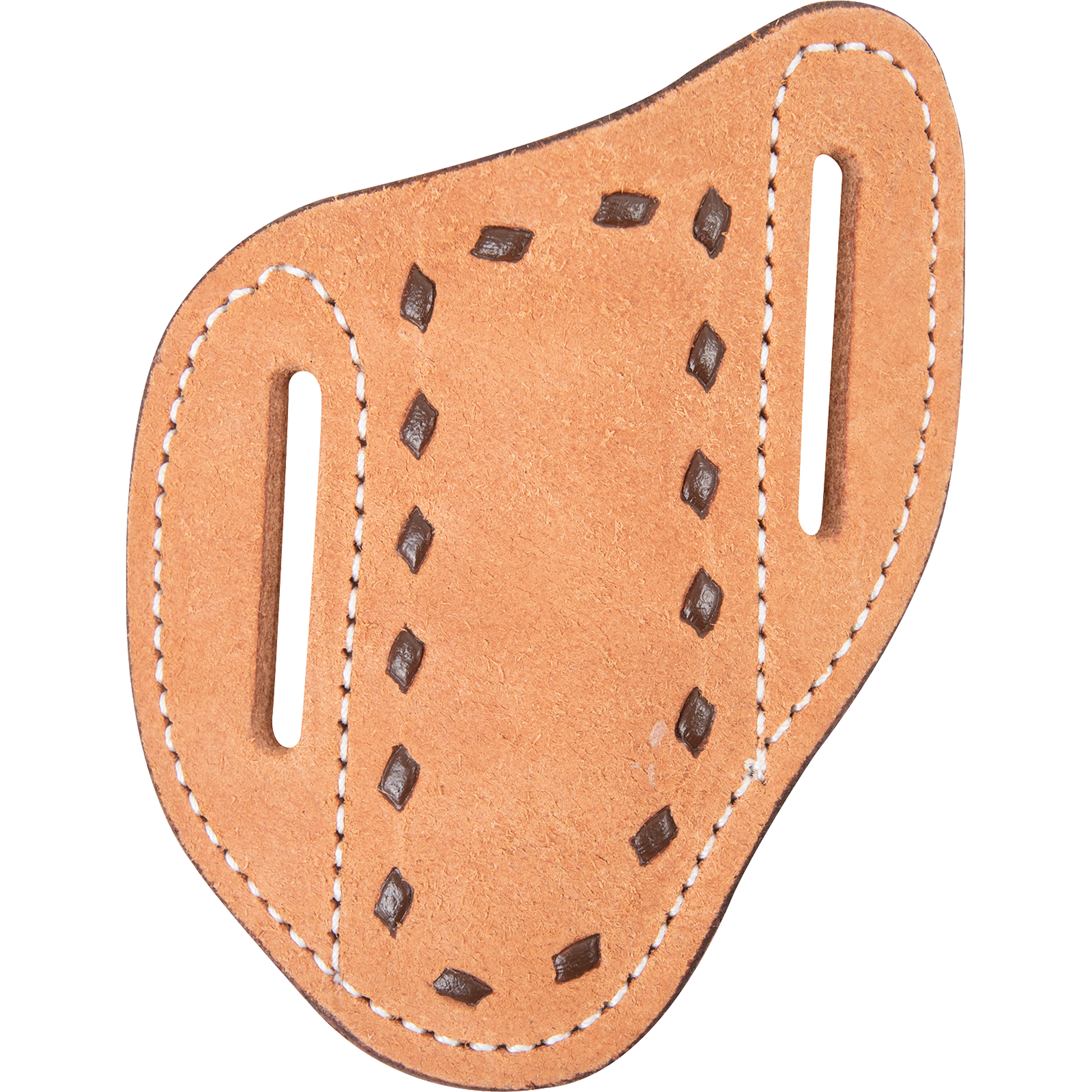 Buckstitch angled knife scabbard in natural roughout leather, seen from the front. Chocolate buckstitching outlines the center pocket, with white stitching and belt slots on each side.
