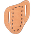 Buckstitch angled knife scabbard in natural roughout leather, seen from the front. Chocolate buckstitching outlines the center pocket, with white stitching and belt slots on each side.