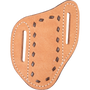 Buckstitch angled knife scabbard in natural roughout leather, seen from the front. Chocolate buckstitching outlines the center pocket, with white stitching and belt slots on each side.