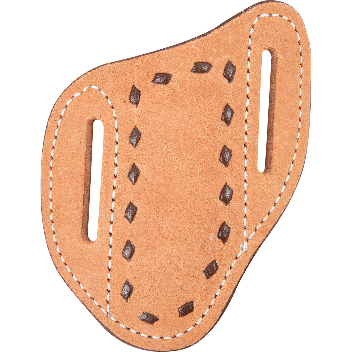 Buckstitch angled knife scabbard in natural roughout leather, seen from the front. Chocolate buckstitching outlines the center pocket, with white stitching and belt slots on each side.