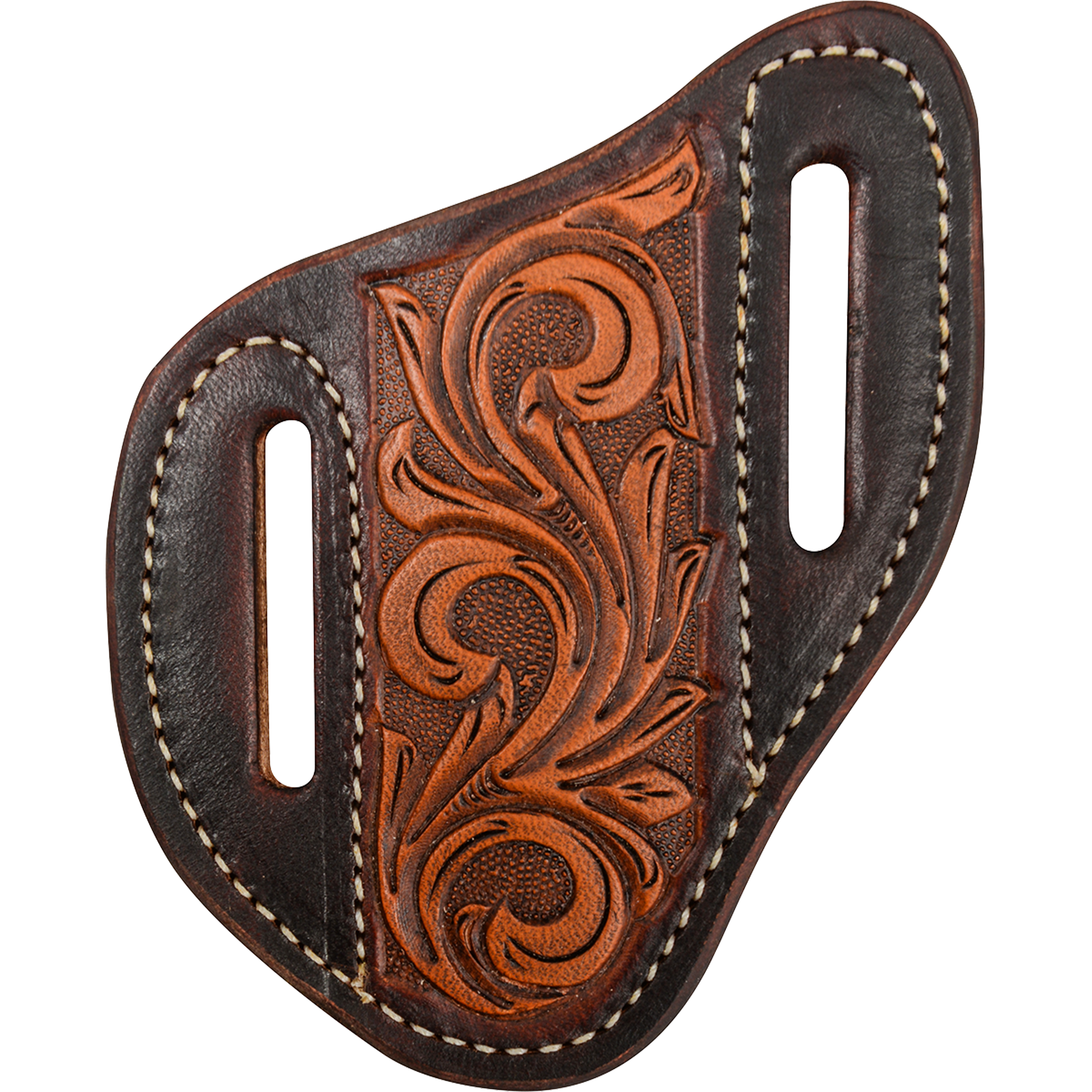 Angled knife scabbard with floral tooling and dyed edges, seen from the front. Natural vine tooling fills the center panel inside dark dyed leather, with white stitching and belt slots on each side.