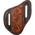 Angled knife scabbard with floral tooling and dyed edges, seen from the front. Natural vine tooling fills the center panel inside dark dyed leather, with white stitching and belt slots on each side.