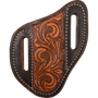 Angled knife scabbard with floral tooling and dyed edges, seen from the front. Natural vine tooling fills the center panel inside dark dyed leather, with white stitching and belt slots on each side.
