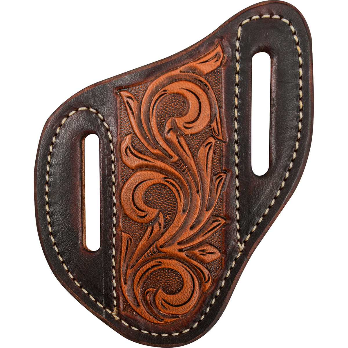 Angled knife scabbard with floral tooling and dyed edges, seen from the front. Natural vine tooling fills the center panel inside dark dyed leather, with white stitching and belt slots on each side.