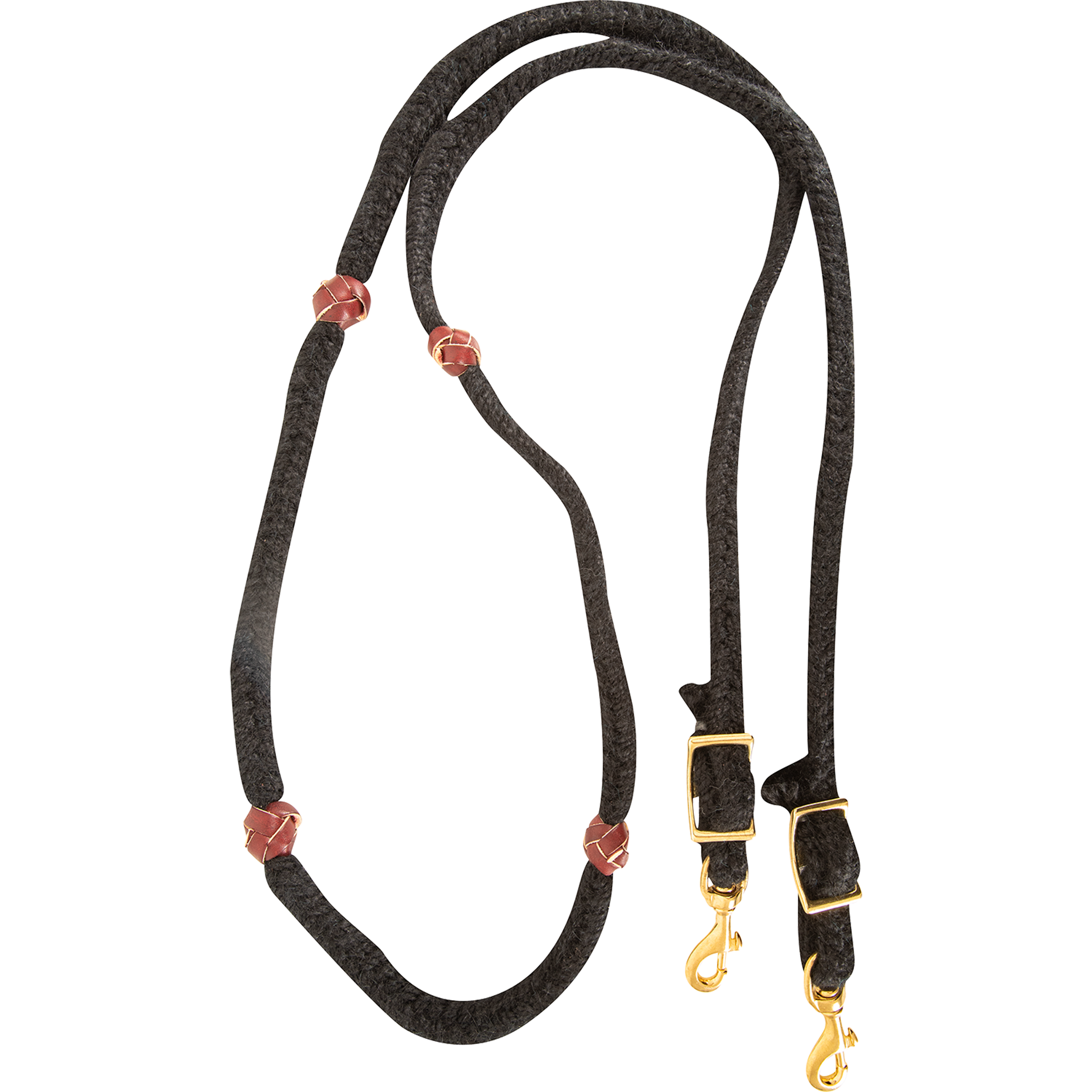 Black blended mohair barrel rein, coiled and seen from above. The braided mohair rein has latigo leather knots along both sides and ends in buckles with snaps, made by Martin Saddlery for barrel racing.