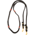 Black blended mohair barrel rein, coiled and seen from above. The braided mohair rein has latigo leather knots along both sides and ends in buckles with snaps, made by Martin Saddlery for barrel racing.