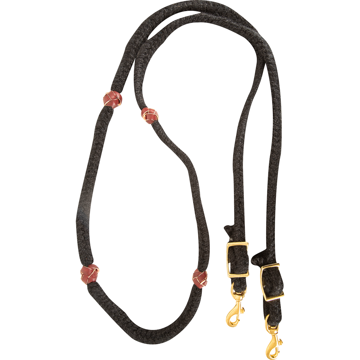 Black blended mohair barrel rein, coiled and seen from above. The braided mohair rein has latigo leather knots along both sides and ends in buckles with snaps, made by Martin Saddlery for barrel racing.