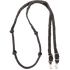 Black braided barrel rein with knots, coiled and seen from above. The 1-inch braided nylon rein has knots placed along both sides for a consistent grip and ends in buckles with snaps, made by Martin Saddlery for barrel racing.