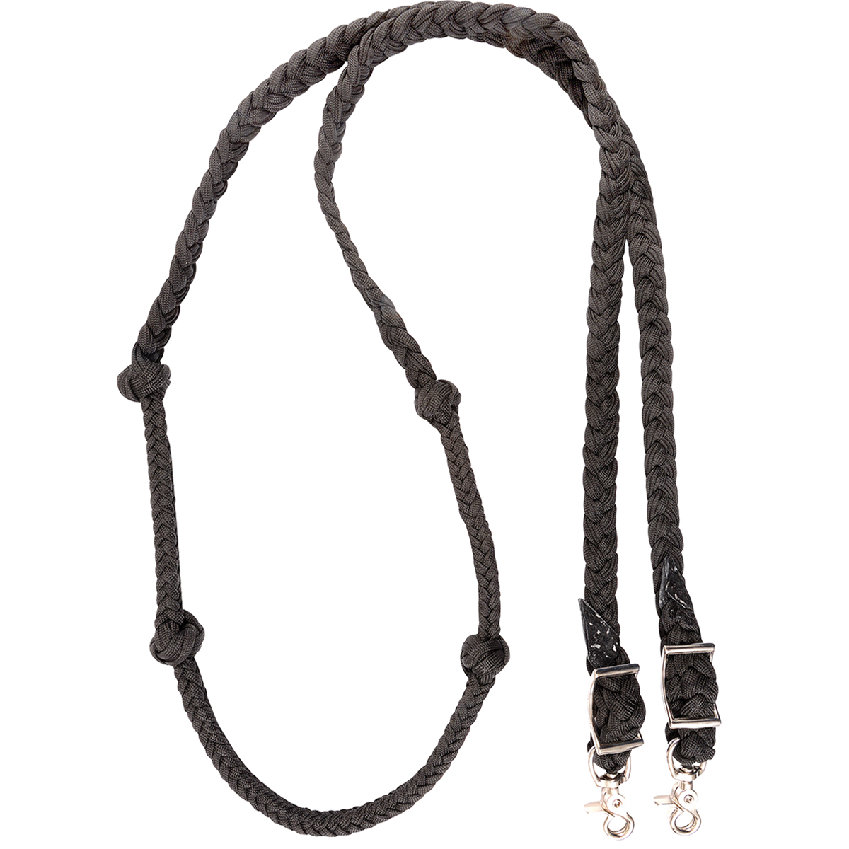 Black braided barrel rein with knots, coiled and seen from above. The 1-inch braided nylon rein has knots placed along both sides for a consistent grip and ends in buckles with snaps, made by Martin Saddlery for barrel racing.